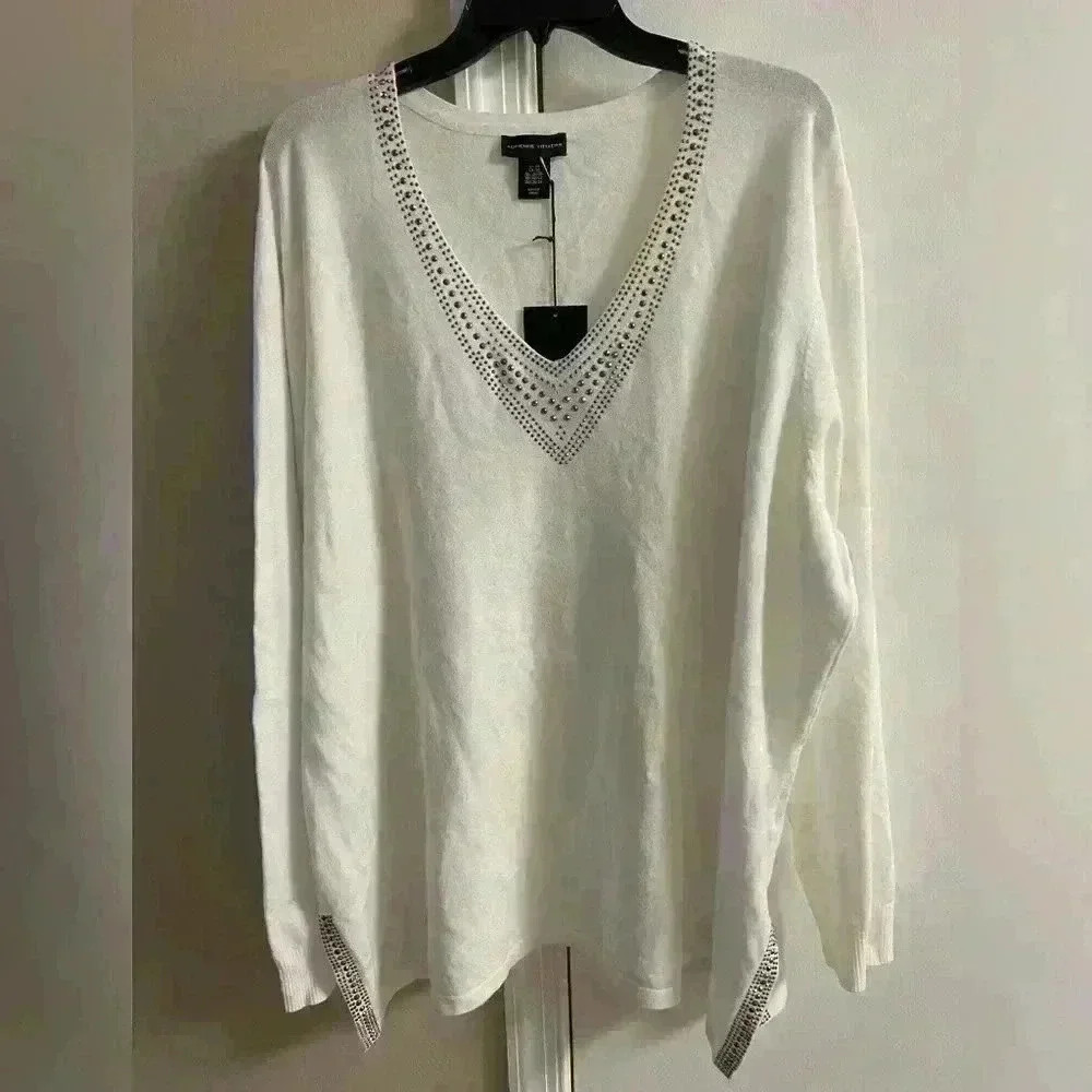 Adrienne Vittadini White Studded V Neck Pullover Sweater Long Line 3X NWT